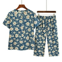 Ženski cvjetni print pamuk pidžama postavio je dugme s kratkim rukavima dolje top & capri pantalone