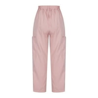 Ženske ravne duge hlače Ljeto modne široke džepove noga pantne hlače casual džep visoki elastični struk hlače od pune boje hlače za dame ružičaste xl