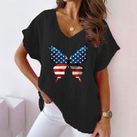 Majice za žene Loose Fit Dan Neovisnosti Tee V-izrez Kratki rukav USA zastava FASH FIRNE XL