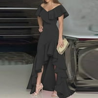 Modna ženska V-izrez Split ruffle nepravilna elegantna haljina, crna, xxl