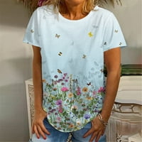 Žene vrhovi kauzal runk vrat za bluzu za ispis kratkih rukava majica ljetnih vrhova imitacija pamučnog