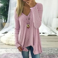 Ženski dugi rukav V izrez Plintne zbojene džempere Čvrste boje asimetrične osnovne majice tunika Bluze pulover ružičasta