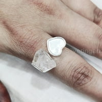 Prirodni kvarcni prsten, grubi kvarcni draguljski prsten, prsten za podesivo srce, srebro, ženski prsten,