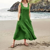 Tking Fashion Womens Ljeto Plus Veličina Ležerne prilike bez rukava Labavi ispisani Maxi Beach Džepne haljine Zelena XL