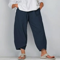 Ženske povremene pamučne posteljine harem hlača elastična struka džepne hlače rela fit glenk dužine