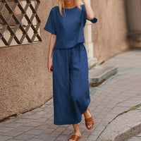 Wofedyo ženske hlače za žene pamučno odijelo modni ugodni kratki rukav i duge hlače od pune boje plave