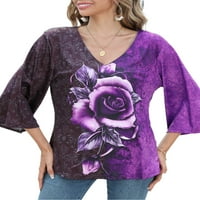 Capreze s dugim rukavima pulover ruža za ženska majica za žene casual v izrez tunika Bluza Dnendawer cvjetni vrhovi tiska Purple 5xl