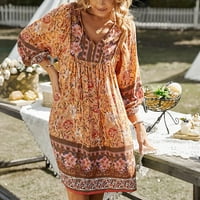 Boho haljina za žene casual puff rukavi vintage ljetni sandress cvjetni print v izrez boemijske mini