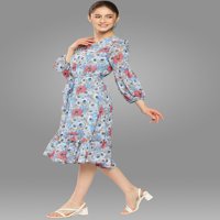 Janasya žensko nebo Plava Georgette Digital tiskane line haljine
