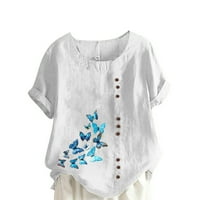 Ženske elegantne bluze trendi leptir Print Pamuk posteljina majica okrugli vrat labavi fit vrhovi sa