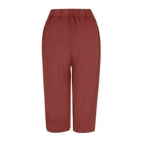 Zkozptok Ženske hlače Ležerni džep elastični struk Capris Button Pamučne posteljine čvrste hlače, crveno,