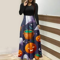 Haljine za žene Halloween tiskani visoko struk swing maxi haljina s dugim rukavima Crewneck Line Tunic