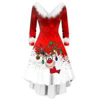 Božićne haljine za žene krzneni V-izrez 1950-ih Vintage haljina Print Xmas Party večernji dugi rukavi