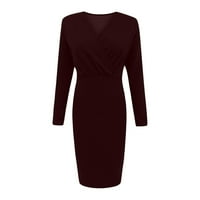 Haljine za žene Himeway Dame Fashion Dugi rukav V-izrez Čvrsta boja Split HIP pakovanje uska haljina vino m