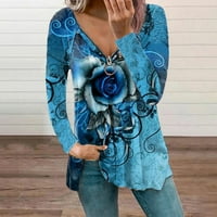Modna ženska gumba Retro Print V-izrez majica s dugim rukavima Ležerna bluza Trendy Fall odjeća košulja