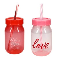 Valentinovo plastični pint Jar Tumbler s poklopcima i slamom, 16oz crvene ružičaste šalice za višekratnu