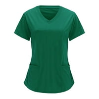 Ženske vrhove Ženska modna radna odjeća s kratkim rukavima V-izrez s džepovima Solid Boja vrhova zelena