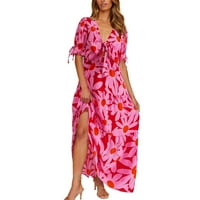 Leesechin Ljetne haljine za žene čišćenje Dame Ljeto Boho haljina Prednja duboka V izrez Kratki rukav Cvjetni tinelirani casual Party Beach Maxi haljine