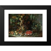 Francesco della Questa crna modernog uokvirenog muzeja Art Print pod nazivom - prevrnuta košara voća, cvijeća i povrća sa Garlandom ispunjenom jagodom u vili vrt