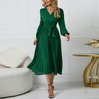 Clearsance Ljetne haljine za žene Maxi A-line dugih rukava s dugim rukavima V-izrez puna haljina zelena