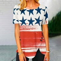 Ženska ljetna casual bahat rukava Vintage Dan neovisnosti tiskana posada okrugli vrat kratki rukav USA zastava staze Stripes pulover bluza s bijelim m