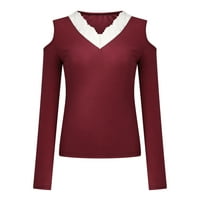 Ženska bluza hladnog ramena V izrez, V izrez pulover u boji blok od tanke-fit majica majica