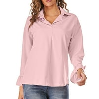 Žene Casual T-majice - bluza od rubu s dugim rukavima s dugim rukavima, elegantne labave košulje čvrste vrhove ružičaste