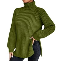 Xinqinghao Ženske bočne bočne boje Split džemper vrhovi dugih rukava Visoki vrat pletena džemper zelena l