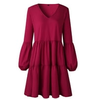 Ljetne haljine za žene V-izrez Čvrsti smjeni Mini casual dugih rukava crvena m