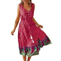 Ženski ljetni boho modni casual cvjetni print v izrez bez rukava bez rukava rukavica nalepna haljina