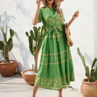 Ženski print kratki rukav casure udobni tunički zavoj luk čvor tanka mini haljina zelena xxl