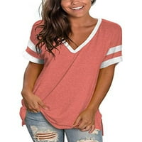 Ženske pamučne majice Bluze s kratkim rukavima Boja blok Patchwork V-izrez Top casual labav komforni tunički dres Tunsey Pink XXL