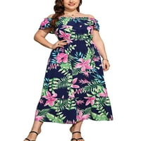 Glonme Žene duge haljine od ramena Sundress kratki rukav Summer Maxi Haljine Travel Plus size Boho cvjetni print plavi m