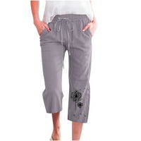 Ženske pamučne posteljine kapri hlače elastične struke nacrtavajuće ravnotežne pantalone Ispiši casual