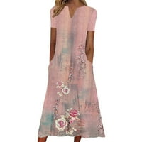 Ženski cvjetni print Vintage casual midi haljine V izrez Loop FIT Ljetni kratki rukav za odmor s kratkim