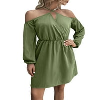 Paille žene A-line haljine od pune boje midi haljina dugih rukava labava halter zabava zelena l