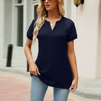 Ženski vrhovi modni majica V-izrez čipka za šivanje labavih kratkih rukava top mornarice s