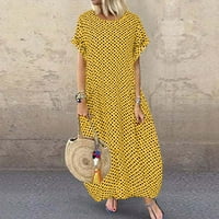 Mišuowi Solidne žute haljine za žene, Ležerne prilike Polka Dot Print kratki rukav okrugli izrez Maxi