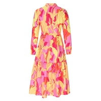 Haljina s dugim rukavima za žene - modni zavoj preklopi s dugim rukavima Cvjetni printurding duga haljina narandžasta xl