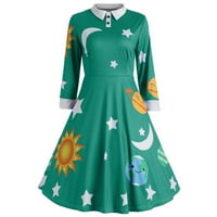 Ljetne haljine za žene tiskane posade Crt A-line Dužina koljena Ležerna haljina s dugim rukavima zelena