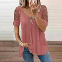 Ženska modna casual puna boja vruća cigla kratka rukava ubode V-izrez patentni zatvarač struk labav duga majica