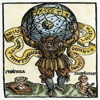 Atlas drži nebesa. Natlas, Titan je Zeus osudio da bi podržao nebesa na ramenima: francuski drvorez, 1659. Ispis postera