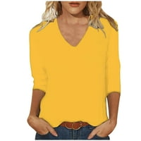 Amtdh Ženske grafičke majice čišćenje punog kolor rukava V izrez Fall Tops plus veličina labavo fit lagana casual pulover modne teen djevojke slatka odjeća žuta s