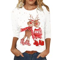 Nova povremena ženska majica na dugim rukavima Božićni print Okrugli vrat