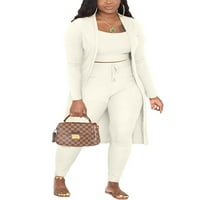 Colisha Women Outfit V izrez + Pant + Cami Top dugih rukava Lounge Set Comfy Rad Elastični struk Jesen odijelo Bijelo m