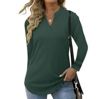 Ženske majice s dugim rukavima Ljetni rebrasti vrhovi V izrez Casual Tunnic Bluze za žene Čvrsta boja