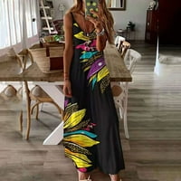 Ženska špageta haljina za žene modni bez rukava na srednjim strukom V-izrez tisak Slim Beach džep dugi