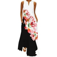 Ženska cvjetna haljina za tisak Ljetni casual bez rukava V izrez Maxi labav boho plaža duge haljine