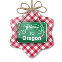 Božićni ukras zeleni znak Dobrodošli u Oregon Red Plaid Neonblond