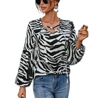 JDLSPPL Ženska majica s dugim rukavima Šifon Zebra tiskani V izrez Prednja kravata Bluza Soft Sexy Holiday Work Modna čipka za jesen TOP CRNO 18